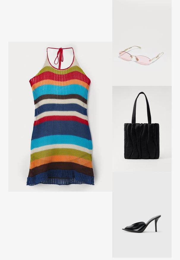 Pletivové šaty na ramienka s viacerými farebnými pruhmi v červenej, modrej, zelenej, oranžovej a hnedej farbe. Otvorená textúra s viazaním okolo krku.; Čierne kožené vysoké podpätky s otvorenou špičkou, špicatý dizajn, hladká textúra a štíhly stiletto podpätok.; Gucci Slnečné okuliare - gold-coloured/pink; Čierna taška na rameno vyrobená z polstrovaného materiálu, s vlnitou textúrou, dvoma pevnými ušami a obdĺžnikovým tvarom. Jednoduchý, moderný dizajn.