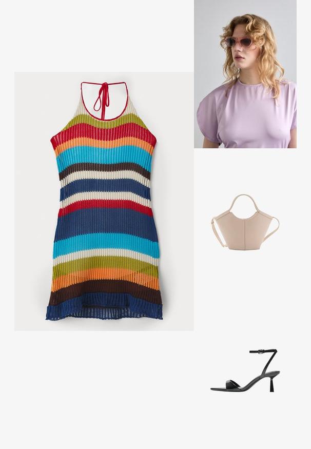 Pletena halter obleka s pisanimi črtami v rdeči, modri, zeleni, oranžni in rjavi barvi. Očesasta tekstura z vezanim vratnim zapiranjem.; Bershka Sandali z visoko peto - black; Ružičaste sončne očala s geometrijskim okvirjem, ki so v kombinaciji z nežno sivkastimi topom z okroglim izrezom in kratkimi rokavi.; Bežna usnjena torbica edinstvene oblike, z dvema kratkima ročajema in dolgim nastavljivim trakom. Gladka tekstura z minimalno kovinsko opremo.