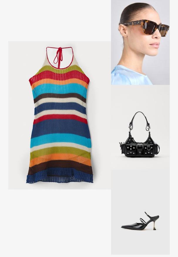 Vestido halter de punto con rayas multicolores en rojo, azul, verde, naranja y marrón. Textura de tejido abierto con un cierre de cuello atado.; Zapato slingback de punta fina en piel negra con dos correas ajustables y un tacón metálico. Textura suave y diseño minimalista.; Gafas de sol de carey con un marco rectangular y voluminoso. Lentes oscuros y detalles en tono dorado en las patas. Acabado suave y brillante.; Bolso de mano de cuero negro con un diseño curvado, que cuenta con tachuelas plateadas, una hebilla y dos bolsillos laterales. Correa ajustable para opciones de transporte.