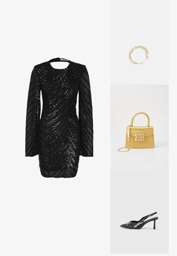 Juodų blizgučių suknelė su ilgomis rankovėmis ir apvaliu iškirpimu, pasižyminti banguota blizgių juodų blizgučių raštu ant permatomos medžiagos.; Juodas lakuotas odinis batelis su smailiu pirštu, kulkšnies dirželiais su sidabrinėmis sagtimis ir detalėmis, bei plonu kulnu.; Geltonas dirbtinės krokodilo odos rankinukas su standžiu dizainu, viršutine rankena, nuimamu grandininiu dirželiu ir dekoratyviniu krištolo papuošimu ant užsegimo.; Auksinės spalvos žiedas, turintis organišką, sukimosi dizainą su lygiu paviršiumi ir siaurėjančiais galais, sukuriantis modernią skulptūrinę išvaizdą.