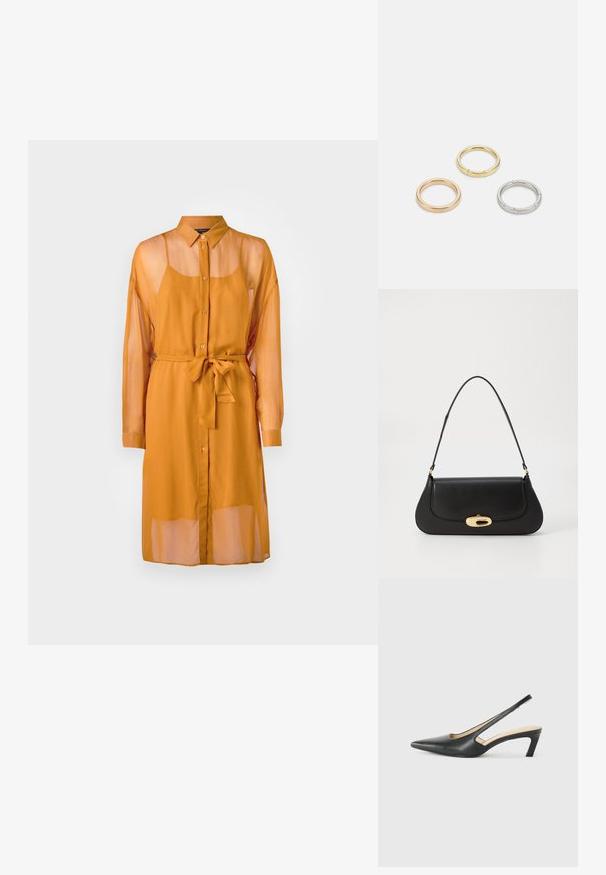 Hosszú, áttetsző mustár ruha gombos elülső résszel, gallérral, hosszú ujjú és derékon megkötős övvel. Lazább szabású és réteges kialakítású.; Fekete, hegyes orrú, slingback cipő alacsony sarkával, sima bőrből készült, oldalt kivágott deisgnal a légáteresztőképesség érdekében.; Fekete bőr táska ívelt kialakítással, arany színű fémrészletekkel és felső fogantyúval. Csúszásmentes záródás és sima textúra jellemzi.; Három fémgyűrű: az egyik rose gold, a másik texturált akcentusokkal ellátott arany, a harmadik pedig ezüst, mindegyiken gravírozott márkajelzés található a belső sávon.