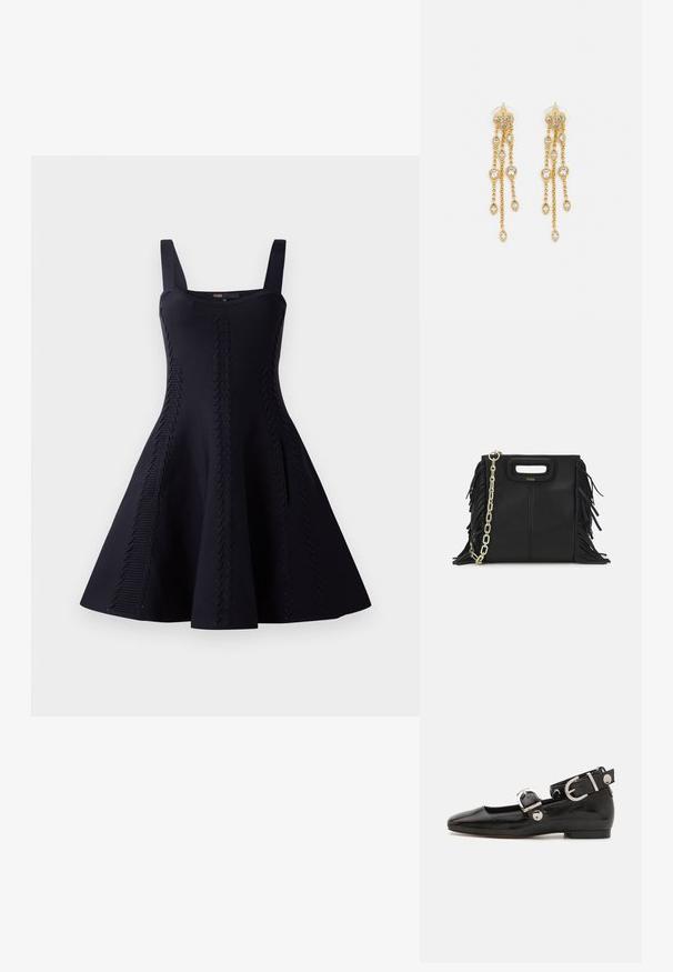 Črna obleka z oprijetim korzetom in razširjenim krilom. Narejena iz teksturirane tkanine z diagonalnimi vzorčnimi detajli. Nastavljive naramnice.; Črne lakaste balerinke s kvadratnim prstom, trakovi okrog gležnja z zlatimi dodatki in ravnim podplatom. Gladka tekstura z minimalističnim dizajnom.; Črna usnjena ročna torba z detajli fringa, zlatim verigo za rame in izrezanim ročajem. Na sprednji strani je nameščen logotip.; Zlato-tonirane uhane z več kaskadnimi verigami, ki vključujejo prozorne ovalne kamenčke in okrasne zgornje dele.
