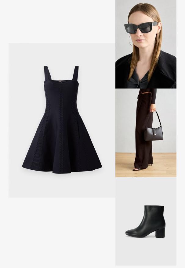 Černé šaty s přiléhavým tělem a rozšířenou sukní. Vyrobené z texturované látky s diagonálními vzory. Nastavitelné ramínka.; Černé kožené kotníkové boty s špičatou špičkou a robustním podpatkem. Hladký povrch s minimálními akcenty a elegantním, přiléhavým designem.; Černé sluneční brýle ve stylu kočičího oka s tmavými skly, silnými rámy a jemnými detaily. Nosené s černým kabátem a šedým topem, s dlouhými rovnými vlasy.; Černá kabelka se strukturovaným tvarem, hladkým povrchem a kovovým uzávěrem. Kombinována s širokými černými kalhotami a sandály s otevřenou špičkou na dřevěné podlaze.