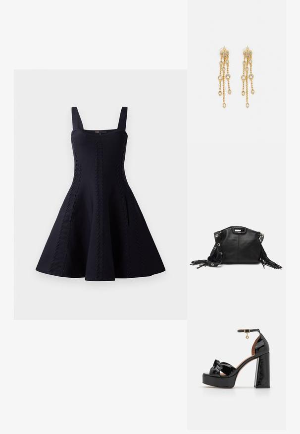 Fekete ruha testhezálló felsőrésszel és bővülő szoknyával. Strukturált anyagból készült, amely diagonális mintázattal díszített. Állítható vállpántokkal. ; Maje Magas sarkú szandálok - noir; Maje MISS MINI - Keresztpántos táska - noir; Aranyszínű fülbevalók, több zuhanó lánccal, tiszta ovális strasszköves díszítéssel és dekoratív fülbevaló tetejével.