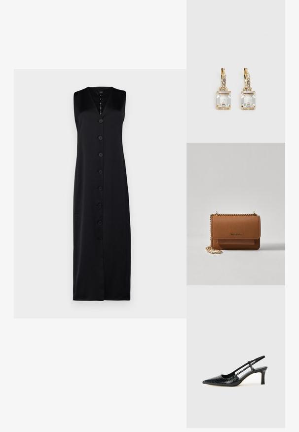 Vestido preto sem mangas com decote em V, apresentando um fecho frontal completo com botões e um tecido liso e fluido. Silhueta reta até o tornozelo.; Salto slingback em patente preta com bico apontado, apresentando um padrão de pele de cobra texturizado, tira ajustável e um salto bloco curto e texturizado.; Bolsa crossbody de couro texturizado castanho com alça de corrente dourada e fecho com aba. A parte da frente apresenta detalhe do logótipo e um bolso sob a aba.; Brincos em tom de ouro com um cristal retangular claro pendurado abaixo de uma linha de pequenos acentos redondos claros. Design elegante e moderno.