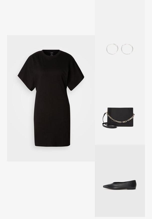 Črna majica obleka s kratkimi rokavi, okroglo izrezana, izdelana iz mehkega bombažnega materiala. Enostaven dizajn, brez vidnih vzorcev ali dodatkov.; Črne usnjene balerinke, koničast toe, minimalističen dizajn, gladka tekstura, nizka peta, brez vidnih kovinskih delov ali okraskov.; Črna usnjena torba čez ramo z gladko teksturo, pravokotno obliko in kovinskim verižnim detajlom spredaj. Vključena je nastavljiva naramnica.; Srebrne kroglice z elegantnim, okroglim oblikovanjem, z gladko površino in brez vidnih okrasnih elementov. Premer ni določen.