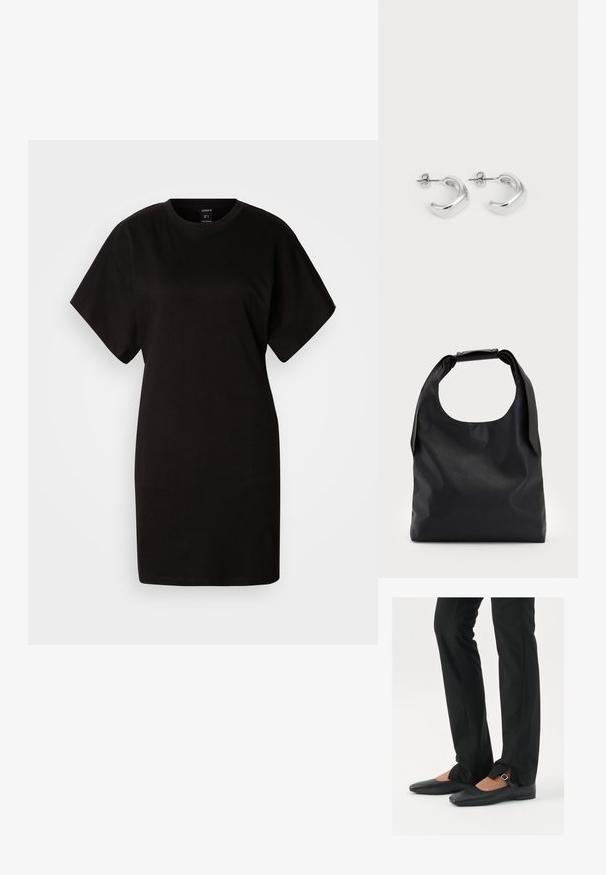 Svart t-shirt klänning med korta ärmar, rund halsringning, tillverkad av mjukt bomullstyg. Enkel design, inga synliga mönster eller detaljer.; Svarta läderballetskor med spetsig tå, rem med silverspänne, kombinerade med svarta skräddarsydda byxor med slitsar i fållen.; Svart läderhandväska med en stor öppen topp och en enkel axelrem. Mjuk textur, minimalistisk design, med subtila metallaccenter.; Silver hoop örhängen med en slät, polerad yta. Rund form med en lätt böjd design och sammanflätade kanter. Spänne med pin-back.
