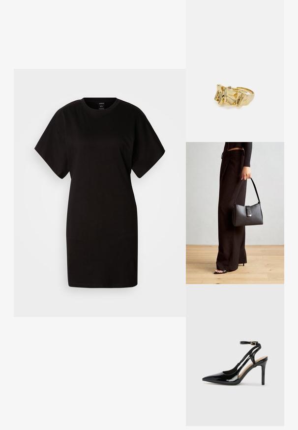Robe t-shirt noire avec des manches courtes, décolleté rond, faite en tissu en coton doux. Design simple, sans motifs ni accents visibles.; Escarpin en cuir verni noir à talon haut, avec un bout pointu, une bride réglable à la cheville et des côtés ouverts. Texture lisse.; Sac à main noir à la forme structurée, texture lisse et fermoir métallique. Associé à un pantalon noir ample et des sandales ouvertes sur un sol en bois.; Bague en or avec un design texturé et ondulé présentant trois sommets proéminents. Surface lisse et brillante avec un anneau ouvert pour un ajustement ajustable.