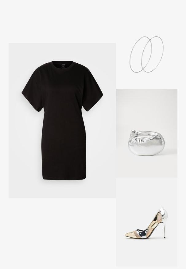 Czarna sukienka t-shirtowa z krótkimi rękawami, okrągłym dekoltem, wykonana z miękkiej bawełny. Prosty design, bez widocznych wzorów czy akcentów.; Czółenka na wysokim obcasie z wąskim noskiem w kolorze srebrnym, złotym i nude. Lśniące wykończenie z wycięciami, z obcasem w stylu stiletto.; Srebrna metaliczna torba worek o miękkim, zaokrąglonym kształcie i zawiązywanym z góry zapięciem. Wykonana z gładkiego materiału imitującego skórę.; Srebrne kolczyki w formie obręczy o minimalistycznym designie. Okrągły kształt, gładka faktura i cienki profil. Lekkie, z polerowanym wykończeniem.