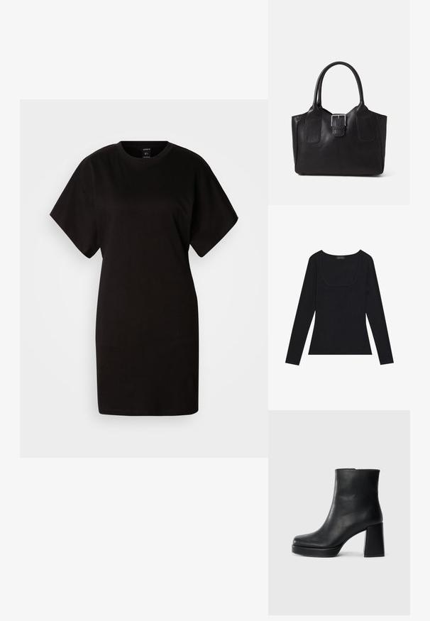 Svart t-skjortekjole med korte ermer, rund halslinning, laget av myk bomull. Enkelt design, uten synlige mønstre eller detaljer.; Svart langermet topp med ribbet tekstur, med firkantet utskjæring og tettsittende fasong. Den har et merke som leser "ANNA FIELD."; Sorte skinnankelsko med blokkhæl og plattformsåle, sett fra siden på en enkel hvit bakgrunn.; Svart skinn toteveske med jevn tekstur, strukturert form, to håndtak og en fremtredende sølvspenne foran.