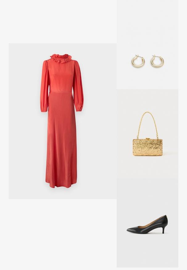 Dlhé rukávy koralových šiat s volánovým golierom, priliehajúcim korzetom a splývavou sukňou. Hladká tkanina a jemný lesk. Minimalistický dizajn.; Čierny kožený podpatek s špicatou špičkou, nízkym opätkom a hladkým povrchom. Obsahuje mierne otvorenie vpredu a minimálne kovové detaily na zadnej strane.; Zlatá flitrová listová taška s obdĺžnikovým tvarom, vybavená skrúteným reťazovým držadlom a kovovým uzatváraním, odrážajúca svetlo s textúrovaným povrchom.; Lauren Ralph Lauren BASIC SMALL HOOP - Náušnice - gold-coloured