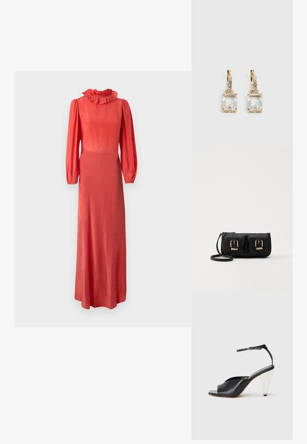 Hosszú ujjú korallruha fodros gallérral, testhezálló felsőrésszel és légies szoknyával. Sima anyag és finom fény. Minimalista design.; Fekete bőr magassarkú szandál nyitott orral, aszimmetrikus dizájnnal, bokapánttal és fémes kúpos sarokkal. Az anyag sima textúrájú.; Fekete bőr keresztbody táska két elülső zsebbel, arany csattokkal, cipzáras záródással és vékony pánttal. Textúrált felület és kompakt téglalap alak.; Aranyszínű fülbevalók, melyek egy téglalap alakú, tiszta kristállyal díszítették, ami egy sor kis, kerek, tiszta kiegészítő alatt lóg. Letisztult, modern dizájn.