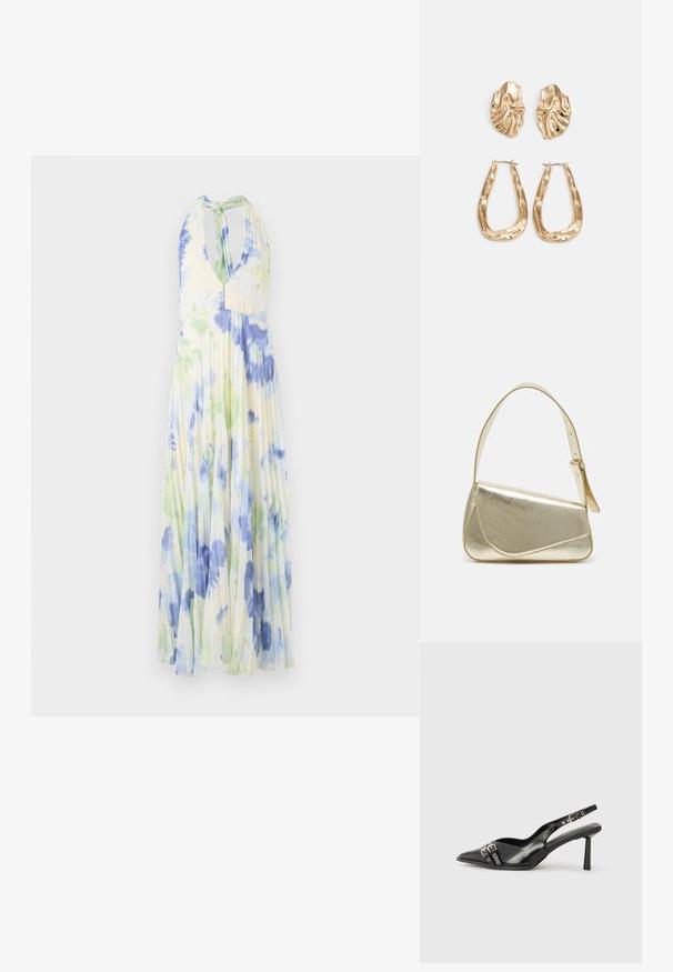 Plisserte halterneck-kjole med blomstermønster i blå og grønne nyanser på et lett, lysegult stoff.; Sorte patentlær slingback-sko med spiss tå, ankelremmer med sølvspenner og detaljer, og en slank hæl.; Gullfarget metallisk håndveske med en strukturert design, glatt tekstur og justerbar stropp. Har en unik trekantet form og minimalistisk søm.; Gullfargede øredobber med teksturerte, bølgete former. Inkluderer skulpturelle klipsstuds og åpen hoop-design med en hamret finish.