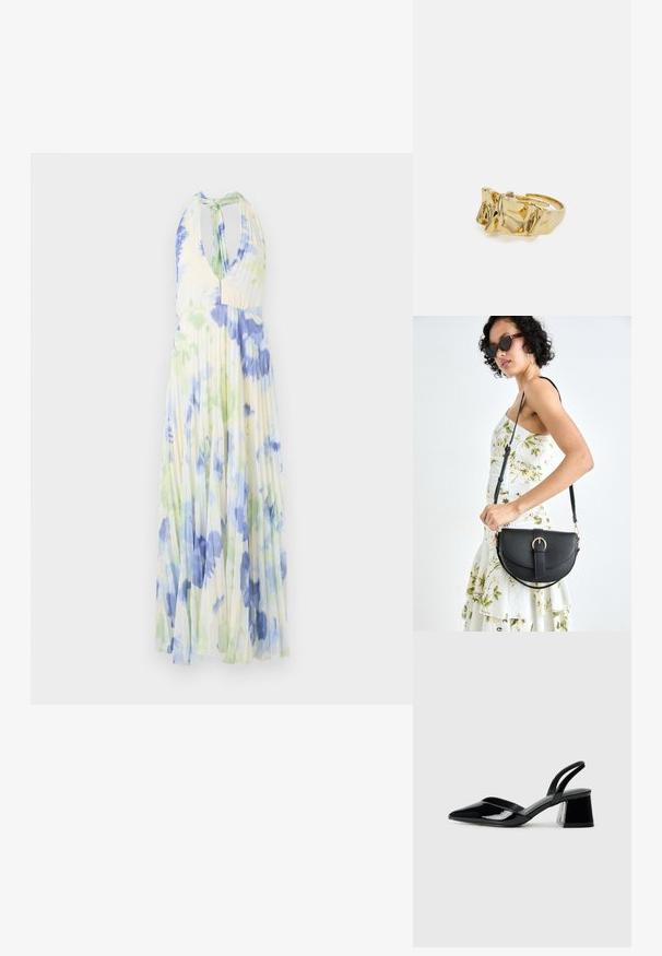 Vestido de cuello halter plisado con un patrón floral en tonos azules y verdes sobre una tela ligera de color amarillo claro.; Zapatos de tacón slingback de charol negro con punta afilada y tacón geométrico en bloque. Presentan un diseño elegante y minimalista, así como una textura suave.; Bolso de piel negra con forma curva, correa desmontable y herrajes dorados. El bolso cuenta con una solapa con un detalle de hebilla.; Anillo de oro con diseño texturizado y ondulado que presenta tres picos prominentes. Superficie lisa y brillante con una banda abierta para un ajuste ajustable.