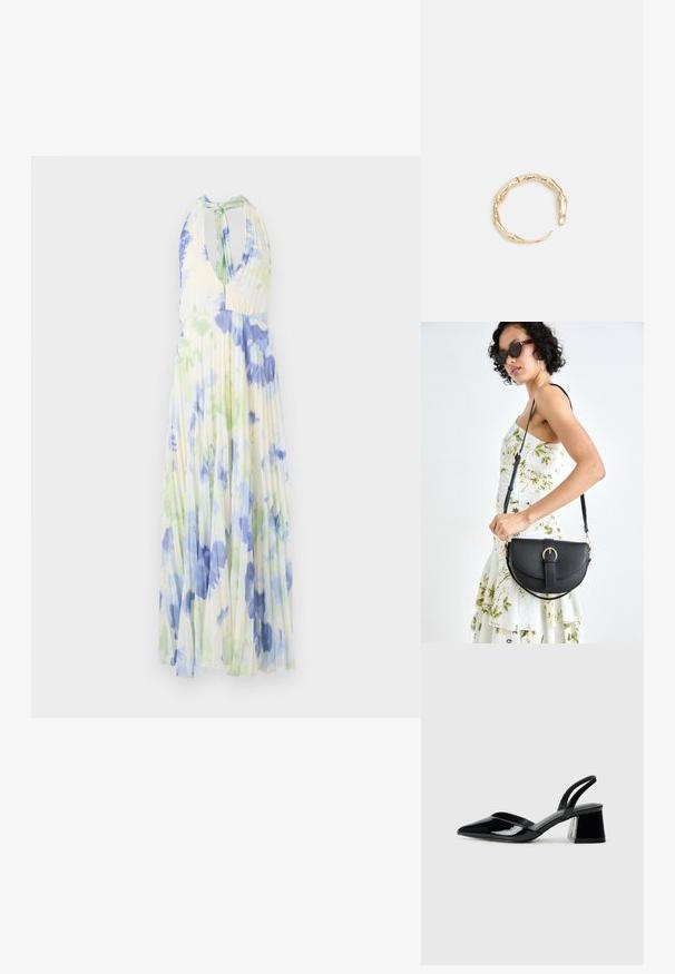 Faltenotas su halterio tipo suknelė, dekoruota gėlių raštu mėlynos ir žalios spalvų tonais, pasiūta iš lengvos, šviesiai geltonos medžiagos.; Juodos lakuotos odinės šlepetės su smailiu pirštu ir geometriniu bloko kulnu. Turi elegantišką, minimalistinį dizainą ir lygų paviršių.; Juodas odinis krepšys su išlenkta forma, nuimamu dirželiu ir auksiniais detalėmis. Krepšys turi kilpą su sagtimi.; Auksinės spalvos žiedas, turintis organišką, sukimosi dizainą su lygiu paviršiumi ir siaurėjančiais galais, sukuriantis modernią skulptūrinę išvaizdą.