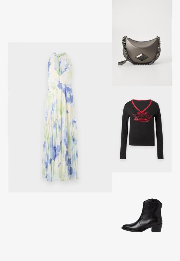 Faltenrockkleid mit Halterneck, das ein florales Muster in Blau- und Grüntönen auf leichtem, hellgelbem Stoff zeigt.; Schwarzes Langarmshirt mit V-Ausschnitt, rotem Kragenbesatz und auffälligem roten Drucktext mit der Aufschrift "REPLAY CUSTOM Spezialist Allentown, PA."; Schwarze Leder-Stiefeletten mit einer spitzen Zehenform, geschwungenen Seitennähten und einem niedrigen Blockabsatz. Verfügt über einen Reißverschluss und eine glatte Textur.; Metallisch graue Umhängetasche in Halbmondform, mit einer Kettenriemen und einem Diamant-Logo-Patch. Glatte Oberfläche und Reißverschlussverschluss.