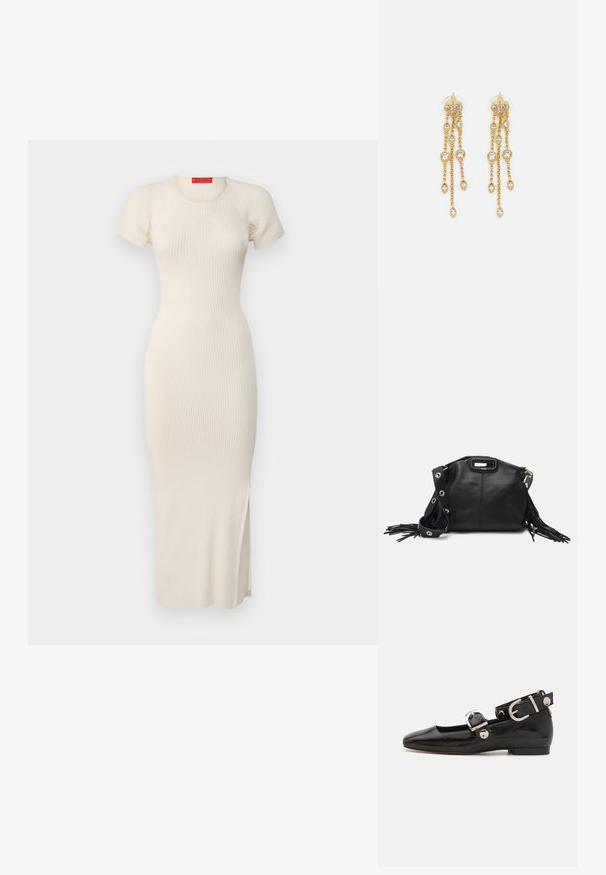 Rippenstrick-Midi-Kleid in Off-White mit kurzen Ärmeln, rundem Halsausschnitt, figurbetonter Silhouette und seitlichem Schlitz. Glatte Textur.; Schwarze Lackleder-Ballerina mit eckiger Zehenpartie, Knöchelriemen mit silberner Hardware und flacher Sohle. Glatte Textur mit minimalistischen Design.; Maje MISS MINI - Umhängetasche - noir; Goldtonige Ohrringe mit mehreren kaskadierenden Ketten, verziert mit klaren ovalen Strasssteinen und dekorativen Ohrsteckern.