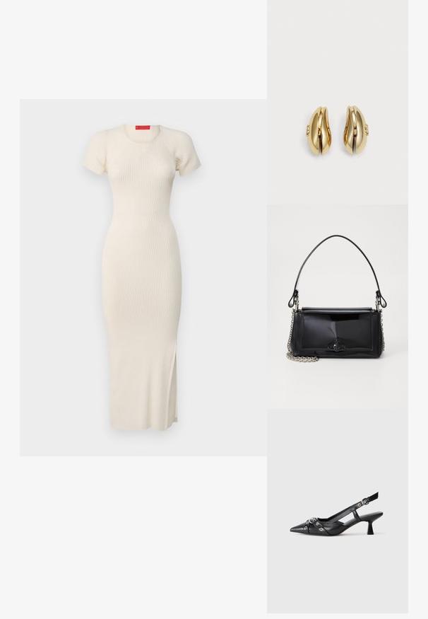 Rippenstrick-Midi-Kleid in Off-White mit kurzen Ärmeln, rundem Halsausschnitt, figurbetonter Silhouette und seitlichem Schlitz. Glatte Textur.; Schwarzer Leder-Slingback-Schuh mit spitz zulaufender Zehenpartie, dekorativen Riemen mit METALLÖSEN und niedrigem Blockabsatz. Strukturelle Oberfläche.; Schwarze Lackleder-Handtasche mit rechteckiger Form, Kettenriemen und einem markanten Hardware-Akzent in der Mitte. Glatte Textur.; Goldfarbene Ohrringe mit fließendem, geschwungenem Design. Jeder Ohrring hat eine glatte Oberfläche und einen kleinen Verschluss mit einem dekorativen Detail.
