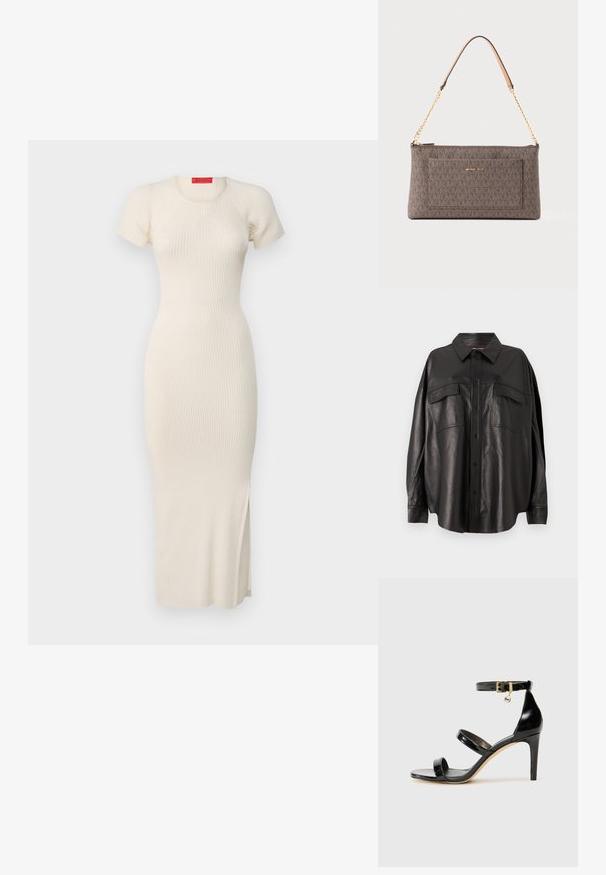 Rebrasti pleteni midi pregled v bež barvi z kratkimi rokavi, okroglim izrezom, prilegajočim krojem in stranskim razporkom. Gladka tekstura.; Črna usnjena srajca z gumbnim zapiranjem spredaj, s koničastim ovratnikom in dvema prsnih žepoma. Ima ohlapen kroj in gladko teksturo.; Črne lakirane sandale s tremi trakovi, zaponko okoli gležnja in 10-centimetrsko stiletto peto. Imajo detajle iz zlatega kovanja in logotipni čar.; Rjava pravokotna torba Michael Kors z ponavljajočim se vzorcem logotipa, zlatim verižastim trakom z usnjeno podlogo za ramo in sprednjim žepom z imenom blagovne znamke.