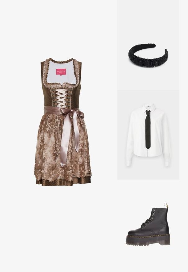 Brown dirndl dress with a fitted bodice, lace-up front, floral embroidered skirt, satin ribbon belt, and ruffled neckline detail.; White long-sleeve shirt with a structured collar and a black tie, featuring a smooth cotton texture and a button-down front design.; Black leather ankle boot with six-eyelet lacing, yellow stitching, and a transparent platform sole featuring a serrated edge.; Pieces PCNALA HAIRBAND - Hair styling accessory - black