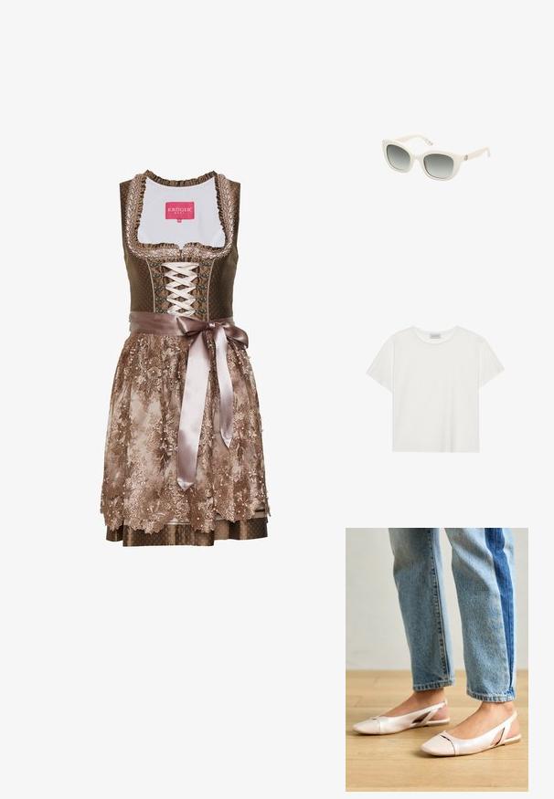 Brown dirndl dress with a fitted bodice, lace-up front, floral embroidered skirt, satin ribbon belt, and ruffled neckline detail.; White short-sleeve T-shirt made of soft cotton. Features a round neckline and relaxed fit. Clean design with no visible patterns or accents.; Pale pink slingback flats with a pointed toe, made from a smooth leather-like material. Features cut-out details at the sides and a flat heel.; White plastic sunglasses with cat-eye shape, gradient gray lenses, solid temples, and gold logo detailing on the side.; Three hair clips: one black and white marbled, two tortoiseshell in brown and black hues, all made of glossy plastic with a textured finish.