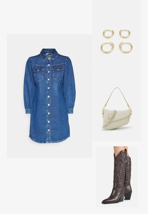 Denima krekla kleita ar apkakles kaklu, garām pūkainām piedurknēm, divām krūšu kabatām, pogām priekšā un izliekto apakšmalu tumši zilā krāsā.; Brūni ādas kovboju zābaki ar norādītu purngalu un blokveida papēdi, ar detalizētu šūšanu un paceltiem akcentiem uz kājas daļas.; Maza krēmkrāsas rokas soma ar teksturētu apdari, garu regulējamu siksniņu, ķēdes akcentu un vāciņa aizdari. Zelta aparatūras detaļas.; Zelta gredzenu auskari, četri gabali, gluda virsma, noapaļota forma, dažādu izmēru, ar eņģu aizdari ērtai valkāšanai.