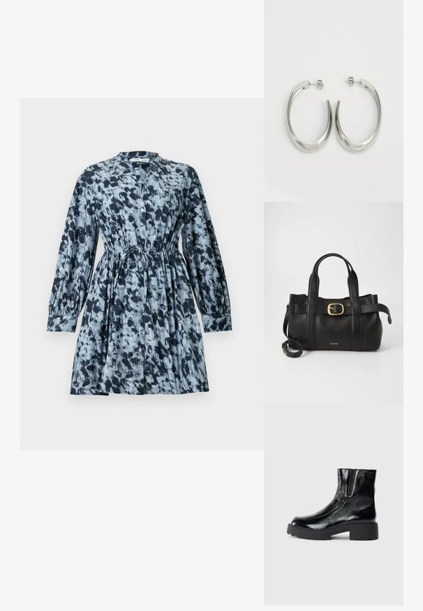 Short-sleeve dress in a blue and black abstract print, featuring a button front, cinched waist, and a relaxed fit. Fabric appears lightweight.; Black ankle boots with a glossy patent leather finish, chunky black rubber sole, and raised heel; includes subtle logo detail on the side.; Black leather handbag featuring a structured design, dual top handles, gold-tone buckle accent, and embossed brand logo at the front.; Silver hoop earrings with a smooth, curved design. Features a shiny metallic finish and stud closure. No visible patterns or accents.