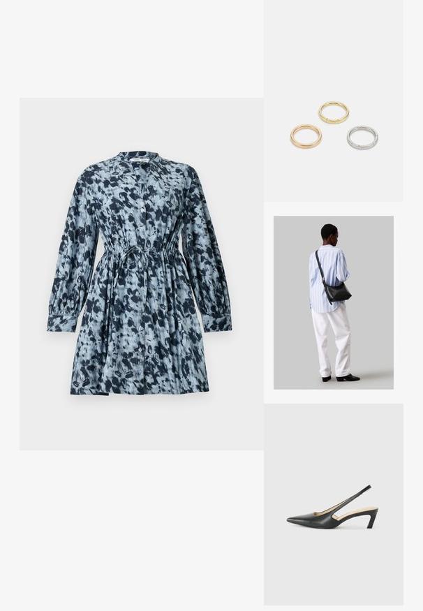 Lyhytnuorinen mekko sinisen ja mustan abstraktin kuosin kanssa, jossa on nappikiinnitys etuosassa, vyötärö on kireä ja malli on rento. Kangas näyttää kevyeltä.; Musta, kärjeltään terävä slingback-kengä, jossa on matala korko. Kengässä on sileä nahkamateriaali ja sivuilla leikkaukset hengittävyyttä varten.; Musta nahkainen olkalaukku, jossa on pehmeä rakenne, kolmion muoto ja säädettävä hihna, yhdistettynä vaaleansiniseen raidalliseen paitaan ja valkoisiin housuihin.; Kolme metallirengasta: yksi ruusukultainen, yksi kultainen teksturoiduilla yksityiskohdilla ja yksi hopeinen, kaikki kaiverretulla brändäyksellä sisäpuolella.