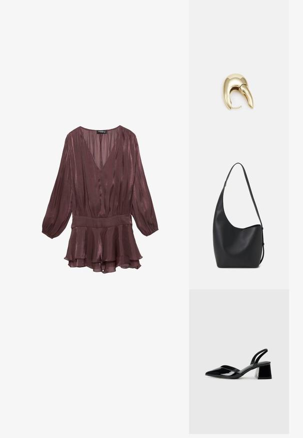 Bourgogne, langærmet kjole med dyb V-udskæring og flæsekant. Fremstillet af letvægtigt, skinnende stof med plisseret tekstur og elastisk talje.; Sorte patentlæder slingback hæle med spids tå og en geometrisk blok hæl. Har et elegant, minimalistisk design og en glat tekstur.; Sort læder hobo taske med en glat overflade, buet form og en enkelt justerbar rem; har en bred åbning øverst.; Guldtonet metal ørering med et slankt, buet design. Har en karakteristisk spids form, poleret overflade og hængselåbning.