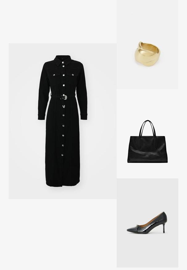 ONLY ONLMYTH LIFE BELT DRESS - Vestito di jeans - washed black; Scarpa nera in vernice, con tacco alto e punta affilata, dettaglio decorativo della cinturini nella parte frontale e sottile tacco a stiletto.; Borsa tote in pelle nera con due manici allungati, forma strutturata, texture liscia e design minimalista. Nessun metallo visibile o accenti.; Anello color oro con un design liscio e attorcigliato. Presenta una superficie lucida e bordi arrotondati, creando una forma fluida e continua.