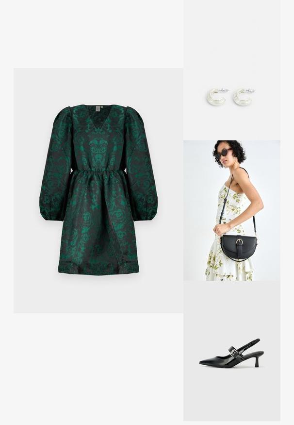 Zöld virágmintás ruha V-nyakkal, hosszú puffos ujjakkal és elasztikus derékkal. Fényes anyagból készült, texturált felülettel.; Fekete lakkbőr slingback sarkú cipők hegyes orral és kis blokk talppal, ezüst csat díszítéssel a pánton.; Fekete bőrtáska ívelt formával, levehető pánttal és arany színű fémrészekkel. A táskán egy csattal díszített fedél található.; Ezüst színű fülbevalók csavart karika dizájnnal, textúrált felülettel és bordázott részletekkel, amelyeket poszt zár biztosít.