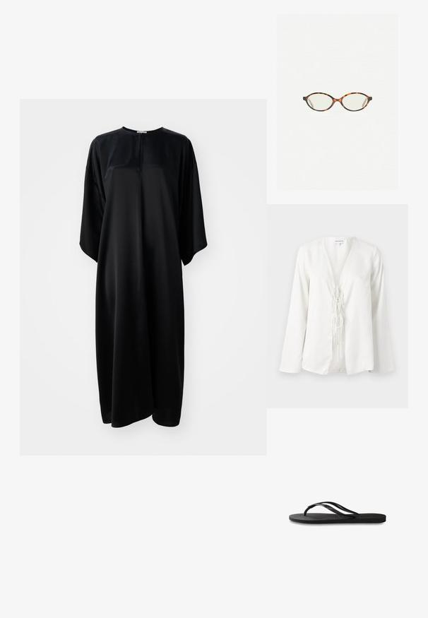 Schwarzes, kurzärmliges Kleid aus einem glatten, glänzenden Stoff mit Rundhalsausschnitt und lockerer Passform, das bis zu den Knien fällt und keine Verschlüsse hat.; Weiße Bluse mit tiefem V-Ausschnitt, langen Ärmeln und einer vorderen Bindedetail. Hergestellt aus einem glatten, leichten Stoff mit einem lockeren Schnitt.; Schwarze Flip-Flops mit einer strukturierten Gummisohle, zwei schlanken Riemen und einem dezenten, geprägten Logo-Detail auf dem Riemen.; Schildpatt-Eyegläser mit ovalen Gläsern und einer eleganten, glatten Oberfläche. Mit dünnen Seiten und einer subtilen Kurve an den Schläfen. Klare Gläser.