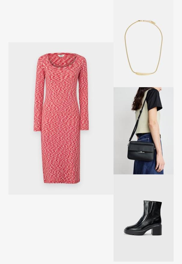 Abito rosso a maniche lunghe con scollatura a barca, caratterizzato da un motivo testurizzato che mescola tonalità di rosso chiaro e scuro su uno sfondo uniforme.; Stivali alla caviglia in pelle verniciata nera con punta curva, pannelli laterali elasticizzati e tacco robusto. Presentano un logo impresso sul retro.; Calvin Klein LINEAR CAMERA BAG - Borsa a tracolla - black; Collana placcata in oro con un'accents centrale liscio e curvo. Presenta una catena flessibile con un gancio a moschettone e ulteriori maglie della catena regolabili.