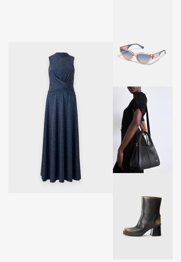 Blue dress with a floral pattern, sleeveless design, fitted bodice, and flowing skirt. Made from smooth fabric with a soft texture.; Black leather ankle boot with a glossy finish, rounded toe, contrasting tan accents, a block heel, and a side zipper detail.; Cat-eye sunglasses with translucent pink frames, gradient blue lenses, and blue-accented temples featuring a logo detail.; Black leather handbag with a hobo shape, featuring a smooth texture, rounded top, and gold hardware accents.