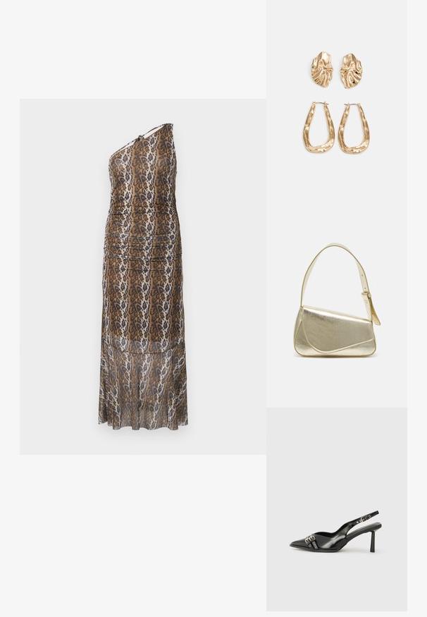 Abito lungo a spalla unica con stampa animale marrone, nera e bianca su sfondo bianco e un design leggermente arricciato.; Scarpa slingback in vernice nera con punta affusolata, cinturini alla caviglia con fibbie in argento e accessori, e tacco sottile.; Borsa a mano metallica dorata con un design strutturato, superficie liscia e tracolla regolabile. Presenta una forma triangolare unica e cuciture minimaliste.; Orecchini in tono oro caratterizzati da forme ondulate eTexture. Comprendono chiusure clip-on scultoree e un design a cerchio aperto con finitura martellata.