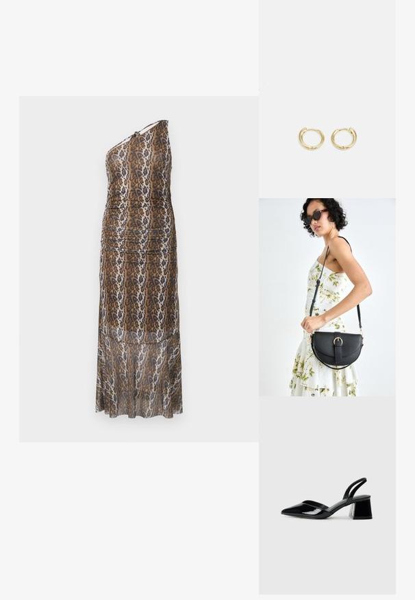 Jednoduché šaty s jedným ramienkom, s dĺžkou po zem, s hnedým, čiernym a bielym zvieracím motívom a s jemne nariaseným dizajnom na bielom pozadí.; Čierne lakované kožené sandálové podpätky s špicatou špičkou a geometrickým blokovým podpätkom. Disponujú elegantným, minimalistickým dizajnom a hladkým povrchom.; Čierna kožená kabelka s zaobleným tvarom, odnímateľným popruhom a zlatými doplnkami. Kabelka má klopu s detailom s prackou.; Zlaté kruhové náušnice s hladkým, zaobleným dizajnom. Obsahujú malý uzáver s pántom, ľahký vzhľad a lesklý povrch.