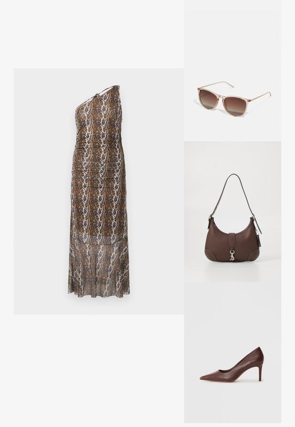 Haljina do poda s jednim ramenom, u smešanoj smešanim smešovitim uzorkom smeše smeši smeši smeše smeše smeše. ; Smeđa kožna cipela s visokim potpeticama, uskog vrha, s elegantnim dizajnom i umjerenom stiletto potpeticom, koja se odlikuje glatkom teksturom i minimalnim detaljima.; Smeđe gradient sunčane naočale s prozirnim ružičastim okvirom, kvadratnog oblika i tankim metalnim ručkama. Imaju zaobljene ivice i minimalne detalje.; Smeđa kožna torba s ovalnim oblikom, srebrnim metalnim dijelovima i dekorativnim šavovima. Ima naramenicu i kopču za zatvaranje.