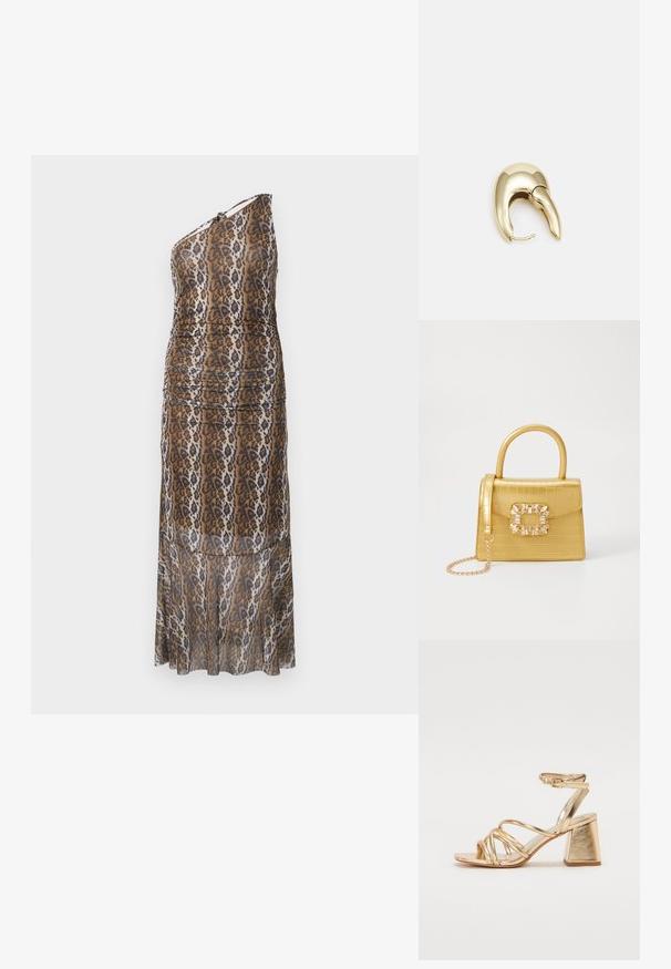 Eén-schouder, lange jurk met bruine, zwarte en witte dierenprint en een iets gekreukeld ontwerp op een witte achtergrond.; Gouden metallic gestileerde sandaaltjes met hoge hakken, voorzien van een straps ontwerp, vierkante blokhak en een verstelbare enkelband met een gesp. Gladde textuur.; Geel faux-krokodillenhandtas met een gestructureerd ontwerp, bovenhandvat, afneembare kettingriem en decoratieve kristallen versiering op de sluiting.; Gouden metalen oorbel met een slank, gebogen ontwerp. Beschikt over een kenmerkende puntige vorm, gepolijste oppervlakte en scharnier sluiting.