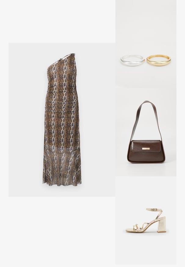 Yhdistelemällä ruskeaa, mustaa ja valkoista eläinkuosia valkoisella taustalla, tässä on yhden olkapään, lattiaan ulottuva mekko, jossa on hieman rypytetty muotoilu.; Zign LEATHER - Korolliset sandaalit - gold; Ruskea nahkainen olkalaukku, jossa on rakenteellinen muotoilu, ja jossa on magneettinen läppäkiinnitys sekä metallinen logo korostus edessä.; Zign 2 PACK - Rannekoru - gold-coloured/silver-coloured