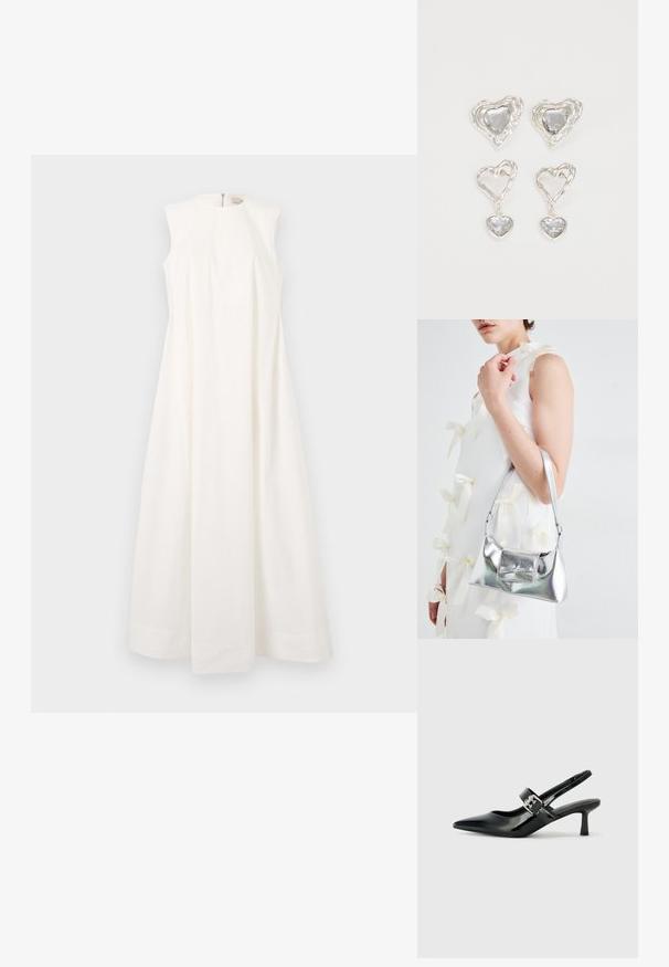 Bešlė suknelė iš baltos medžiagos, su apvaliu kaklu ir platėjimu, su nematomu užtrauktuku nugaroje ir baigtomis pakraštėmis.; Juodai lakuoti slingback aukštakulniai su smailiu kojų pirštu ir mažais blokiniais kulniukais, su sidabro sagtimi ant dirželio.; Sidabrinė metalinė rankinė su struktūrizuota forma, turinti viršutinę rankeną ir kaspiną priekyje. Lygi tekstūra, atspindinti apdaila.; Sidabrinės širdelės formos auskarai puošti facetuotais skaidriais akmenimis, su tekstūruotu rėmu. Rinkinį sudaro tiek auskarai-stud, tiek kabančios formos.