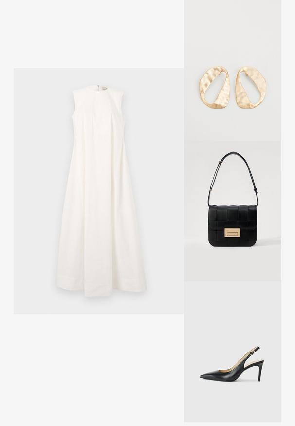 Bezrukávové šaty z bieleho textilu, s okrúhlym výstrihom a rozšírenou siluetou, ktorú dopĺňa neviditeľný zadný zips a lemovanie.; Čierne kožené lodičky na odkryté päte s špicatou špičkou, nastaviteľným pásikom a elegantným ihlovým podpätkom, s hladkým povrchom.; Loeffler Randall DESI CROSSBODY WITH LOCK HARDWARE - Taška cez plece - black; Pár nepravidelných oválnych zlatistých kovových náušníc s textúrovaným, mierne rozbitým povrchom na bielom pozadí.
