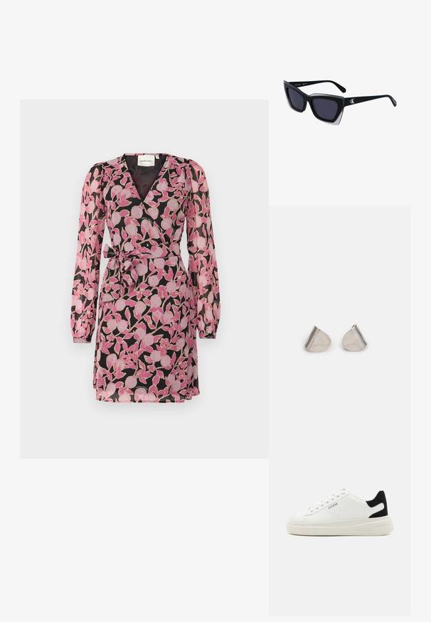Vestido envolvente floral em tecido preto com padrão de folhas e flores rosa. Apresenta mangas bufantes longas e um detalhe de laço na cintura. Decote em v.; Sapatilhas brancas de couro com uma sola branca espessa, detalhe em camurça preta no calcanhar e logótipo em relevo na lateral. Design com atacadores e seis ilhós.; Óculos de sol oversized pretos com forma geométrica, apresentando lentes escuras e um detalhe cinza em contraste na armação. Logotipo na haste.; Brincos de metal prateado com uma forma suave de gota e um acabamento polido. Gravações subtis adicionam detalhe. Design minimalista.