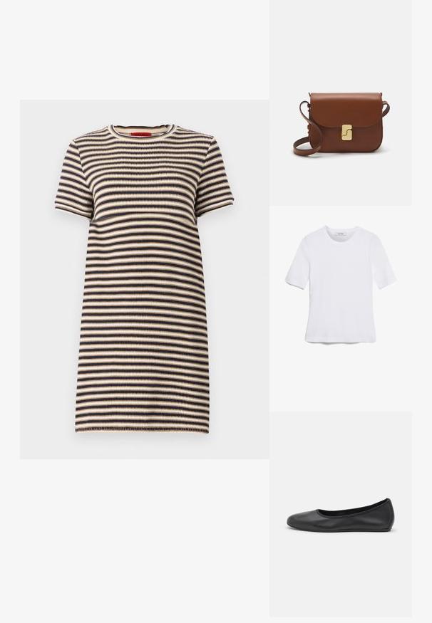 Πλεκτό φόρεμα με ρίγες που διαθέτει λαιμόκοψη τύπου crew, κοντά μανίκια και εφαρμοστή γραμμή. Τα χρώματα περιλαμβάνουν ναυτικό μπλε, μπεζ και εκρού ρίγες.; Άσπρο κοντομάνικο μπλουζάκι φτιαγμένο από ριγέ ύφασμα. Στρογγυλή λαιμόκοψη, κανονική εφαρμογή και διακριτές λεπτομέρειες ραφής. Χωρίς σχέδια ή γραφικά.; Μαύρο δερμάτινο μπαλαρίνι με στρογγυλή μύτη, λεία υφή, ελάχιστες λεπτομέρειες ραφής και σχεδίαση ευέλικτης σόλας.; Καφέ δερμάτινη τσάντα χειρός με κλείσιμο καπάκι, χρυσές λεπτομέρειες, ιμάντα ώμου και λεία υφή. Συμπαγές ορθογώνιο σχήμα.