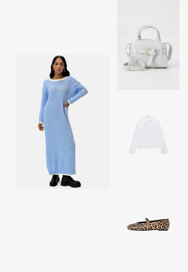 Blau gestreiftes Strick-Maxikleid mit weitem Ausschnitt und kontrastierendem weißen Besatz an Kragen und Ärmelbündchen. Getragen mit schwarzen klobigen Stiefeln.; Weißes Langarmhemd mit klassischem Kragen, mittigem Knopfleiste und glattem Stoff mit leicht verkürztem Saum.; Balletflats im Leopardenmuster mit schwarzem Akzent am Öffnung und einem kleinen Riemen mit metallicschnalle. Strukturierte Textil-Oberseite, flache Sohle.; Hellgraue Lederhandtasche mit strukturiertem Design, oberen Griffen und einem abnehmbaren Riemen. Verfügt über goldfarbene Hardware und ein Vorderseitenschleifendetail.