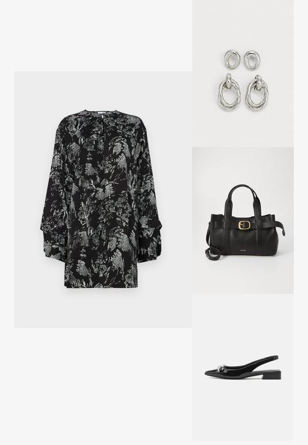 Svart bluse med et blomsterdesign i sølv, lange ermer, rund halsutskjæring og en kikkhulldetalj bak. Glatt tekstur på stoffet.; Sorte patentlær slingback-sko med spiss tå, detaljer i sølv og lav blokkheel. Glatt, skinnende tekstur gjennom hele.; Svart lærveske med en strukturert design, doble topphåndtak, gullfarget spenneakent og preget merke-logo foran.; Sølvfargede metaløredobber med to par design: en vridd sirkelformet ring og en glatt sirkelformet stud. Reflekterende overflate forbedrer elegansen.