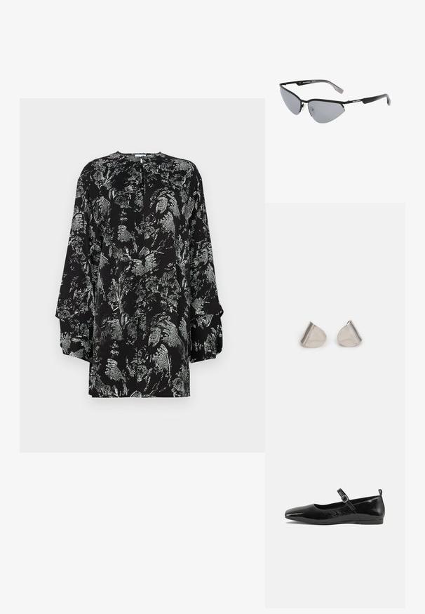 Musta pusero, jossa on kukallinen hopeakuosi, pitkät hihat, pyöreä pääntie ja avaustakana. Liukas kangas.; Musta patenttinaahkakenkä litteällä pohjalla, terävä kärki, nilkkahihna soljella ja sileä, kiiltävä pinta. Matala korko mukavuutta varten.; Mustat aurinkolasit, joissa on kulmikas, kissansilmämuoto. Hopeiset peililinssit. Kapeat, kevyet muovikehykset, joissa on hienovaraista brändäystä temppeleissä.; Hopea metalliset korvakorut, joissa on sileä, pisaramainen muoto ja kiillotettu pinta. Huomaamattomat kaiverrukset lisäävät yksityiskohtia. Minimalistinen muotoilu.