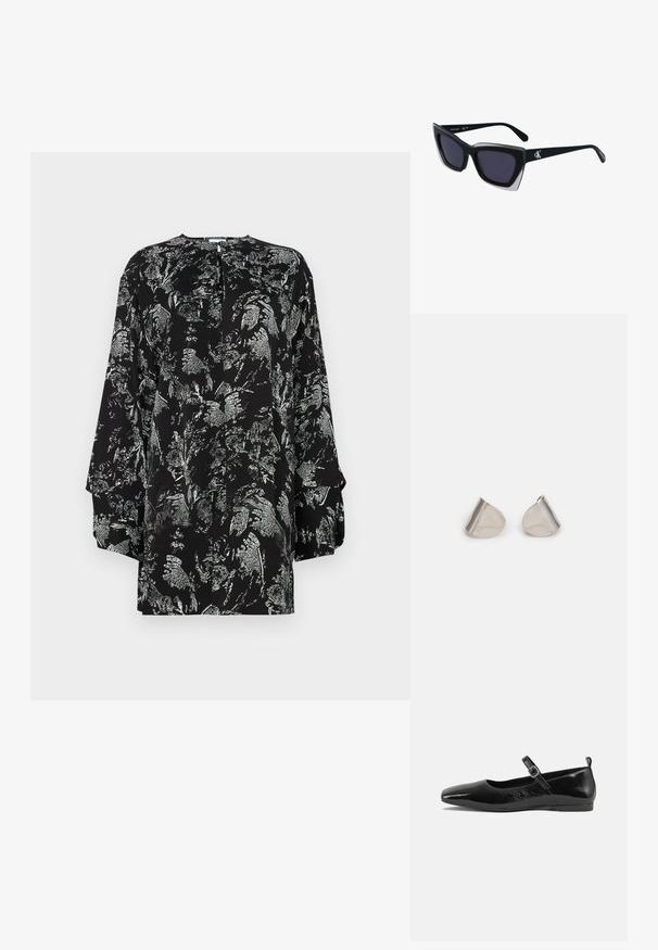 Blouse noire avec un motif floral argenté, manches longues, col rond et détail en forme de clé à l'arrière. Texture de tissu lisse.; Chaussure plate en cuir verni noir avec un bout pointu, une sangle de cheville avec boucles, et une texture lisse et brillante. Talon bas pour le confort.; Lunettes de soleil noires surdimensionnées avec une forme géométrique, dotées de verres foncés et d'un détail gris contrastant sur la monture. Logo sur la branche.; Boucles d'oreilles en métal argenté avec une forme larmoyante lisse et une finition polie. Des gravures subtiles ajoutent des détails. Design minimaliste.