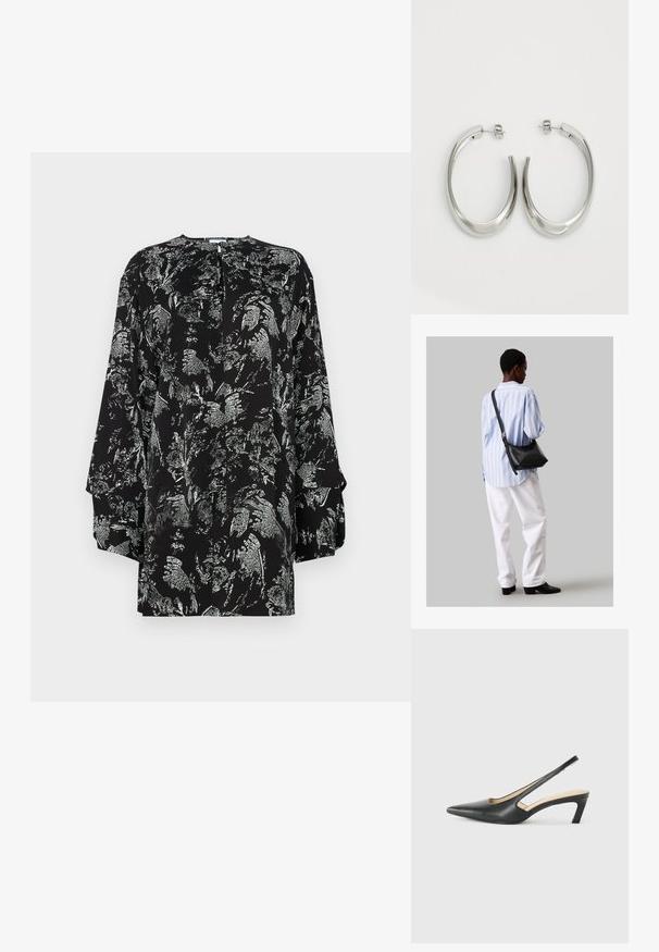 Schwarze Bluse mit floralem silbernen Muster, langen Ärmeln, rundem Halsausschnitt und einem Schlüssellochdetail auf der Rückseite. Glatte Stofftextur.; Schwarzer spitz zulaufender Slingback-Schuh mit niedrigem Absatz, der aus glattem Leder gefertigt ist und seitliche Ausschnitte für Atmungsaktivität aufweist.; Schwarze Leder-Umhängetasche mit weicher Textur, dreieckiger Form und verstellbarem Tragegurt, kombiniert mit einem hellblauen gestreiften Hemd und weißen Hosen.; Silberne Creolen mit einem glatten, geschwungenen Design. Mit einem glänzenden metallischen Finish und Steckverschluss. Keine sichtbaren Muster oder Akzente.