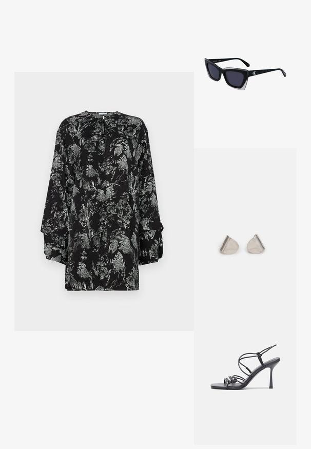 Black blouse featuring a floral silver pattern, long sleeves, a round neckline, and a keyhole detail at the back. Smooth fabric texture.; Black high-heeled sandals feature thin straps with a knotted design, a smooth square toe, and a sleek stiletto heel.; Black oversized sunglasses with a geometric shape, featuring dark lenses and a contrasting grey detail on the frame. Logo on the arm.; Silver metal earrings with a smooth, teardrop shape and a polished finish. Subtle engravings add detail. Minimalist design.