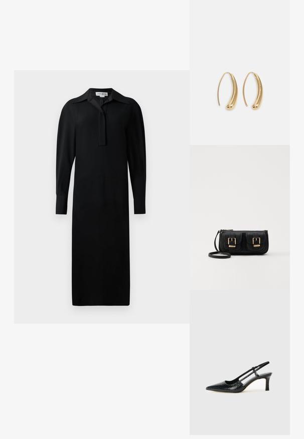 Robe noire à manches longues avec un col, détail en forme de trou de serrure au cou, coupe droite et tissu texturé.; Escarpin slingback en vernis noir avec un bout pointu, présentant un imprimé serpent texturé, une sangle réglable et un petit talon bloc texturé.; Sac en cuir noir porté en travers avec deux poches avant, boucles dorées, fermeture zippée et une sangle fine. Surface texturée et forme rectangulaire compacte.; Boucles d'oreilles en métal doré en forme d'anneau, avec une forme courbée et allongée. Elles présentent une surface lisse et brillante avec une pointe arrondie pour un détail supplémentaire.